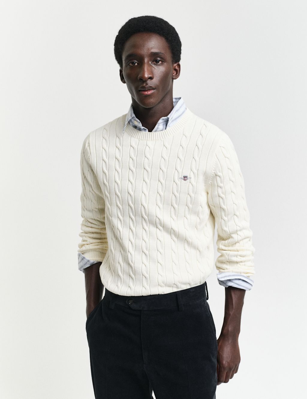 GANT Pure Cotton Cable Crew Neck Jumper - Cream, Cream
