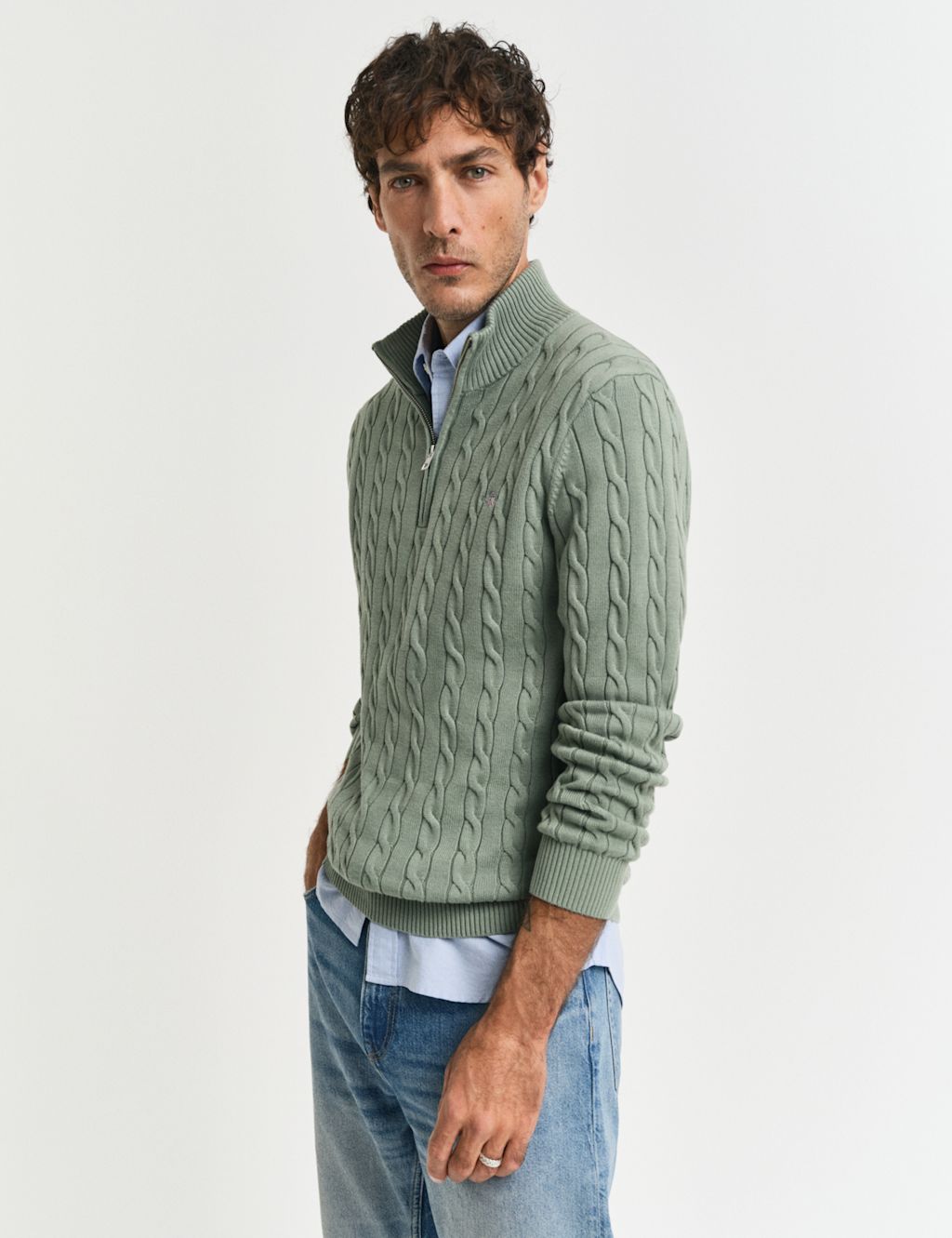 GANT Pure Cotton Cable Knit Half Zip Jumper - XXL - Green, Green