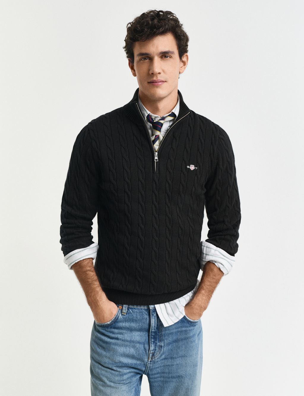 GANT Pure Cotton Cable Knit Half Zip Jumper - XXXL - Black, Black