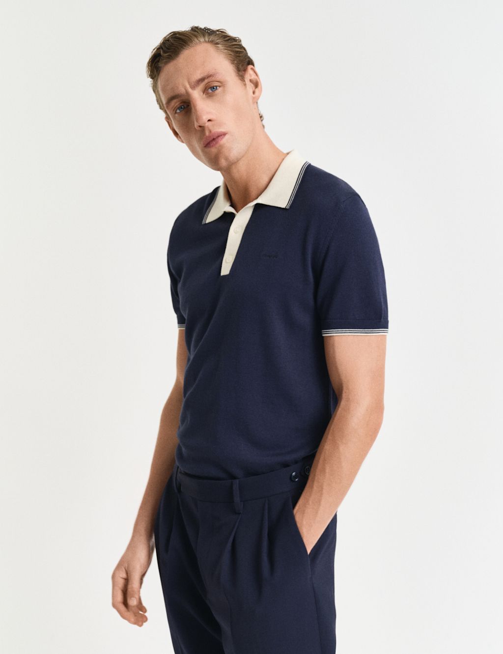 GANT Cotton Modal Tipped Collar Polo Shirt - Navy, Navy