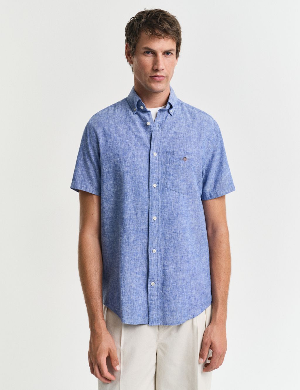 GANT Regular Fit Linen Rich Short Sleeve Shirt - XXXL - Blue, Blue