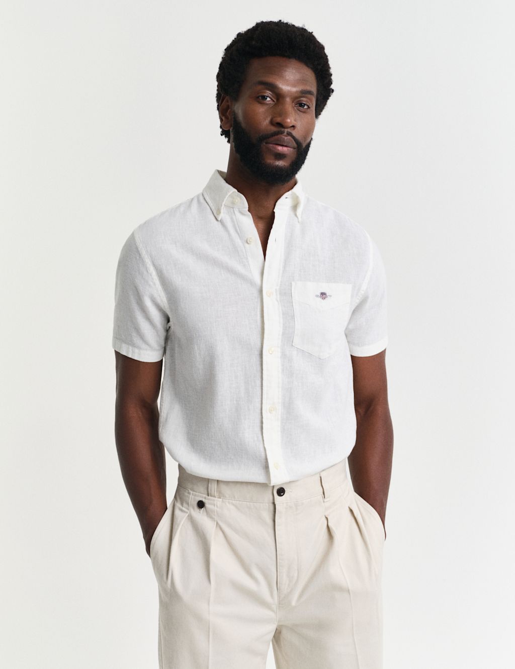 GANT Regular Fit Linen Rich Short Sleeve Shirt - XXXL - White Mix, White Mix