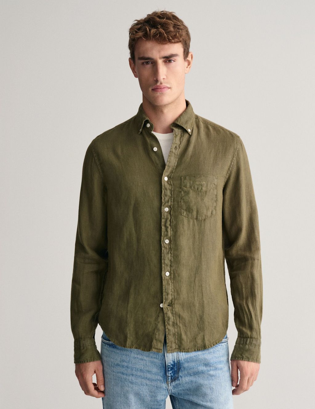GANT Regular Fit Pure Linen Shirt - M - Khaki, Khaki