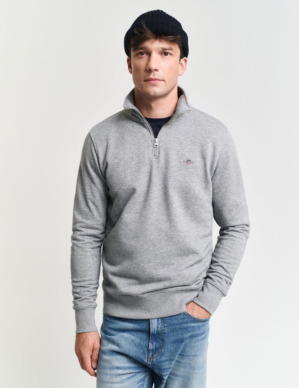 GANT Cotton Rich Funnel Neck Half Zip Sweatshirt - Grey, Grey