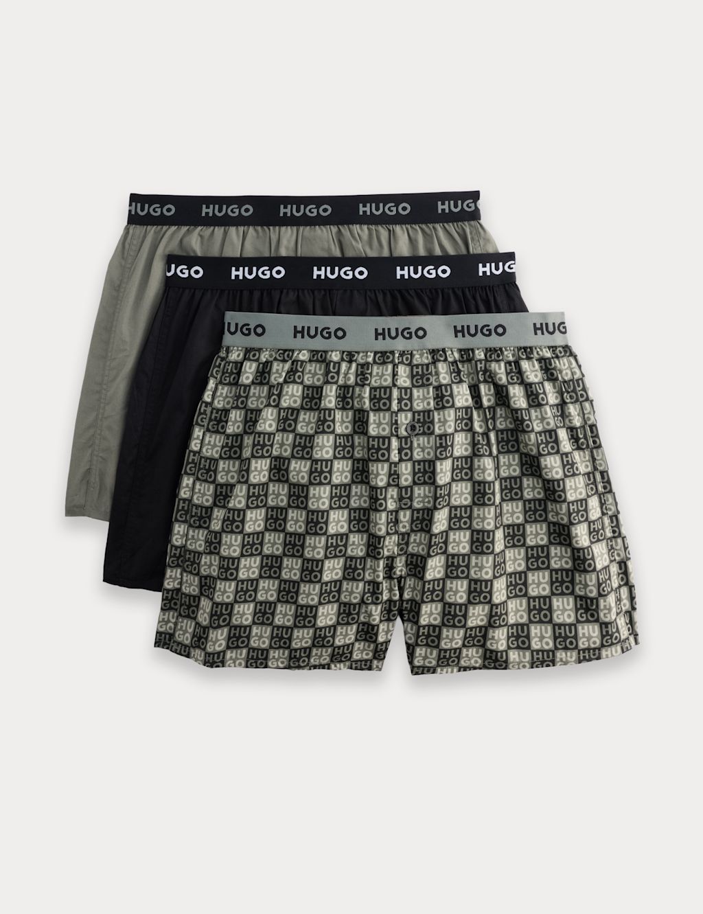 Hugo 3 Pack Pure Cotton Logo Waistband Woven Boxers - 2XL - Green Mix, Green Mix