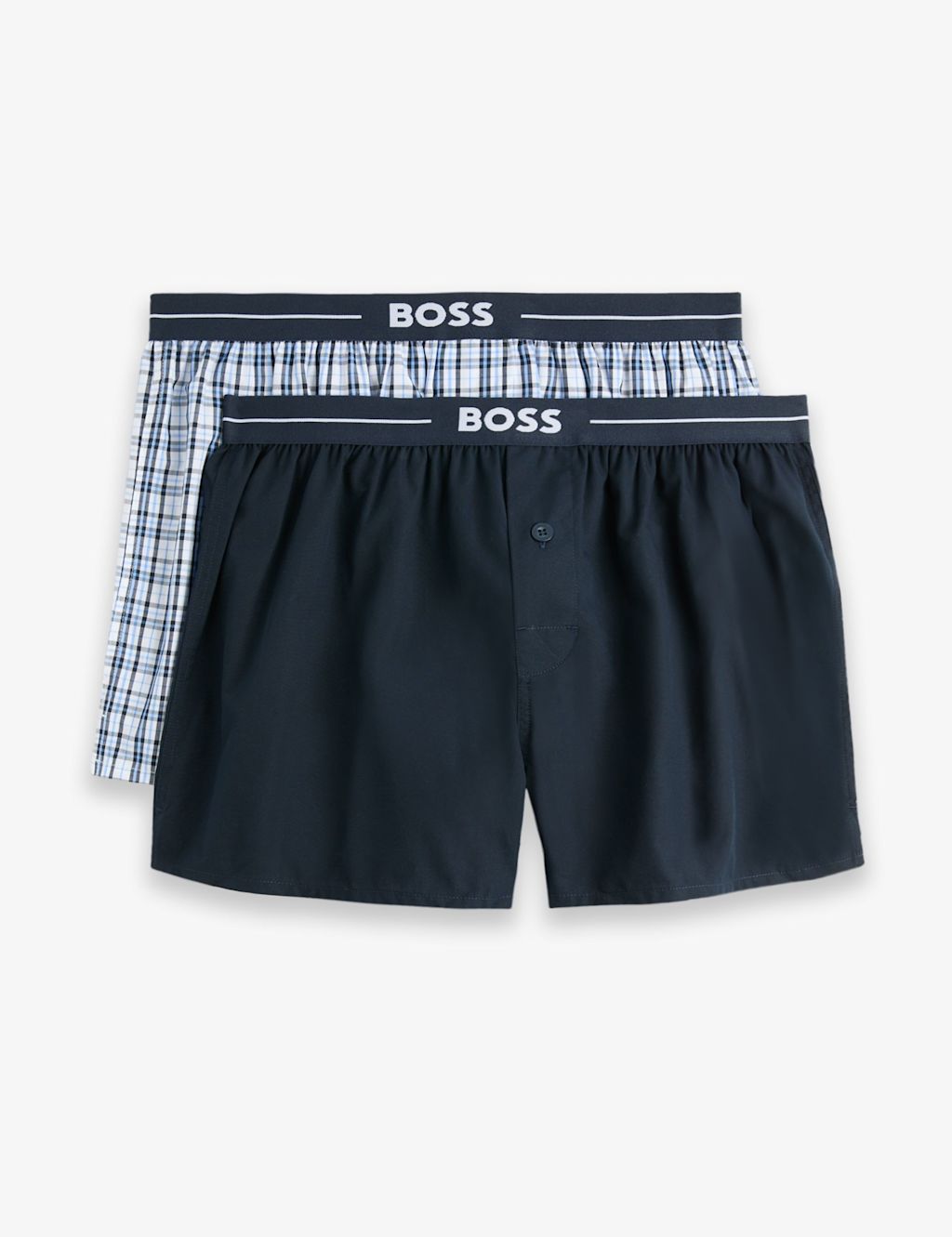 Boss 2 Pack Pure Cotton Plain Checked Boxers - 2XL - Navy, Navy