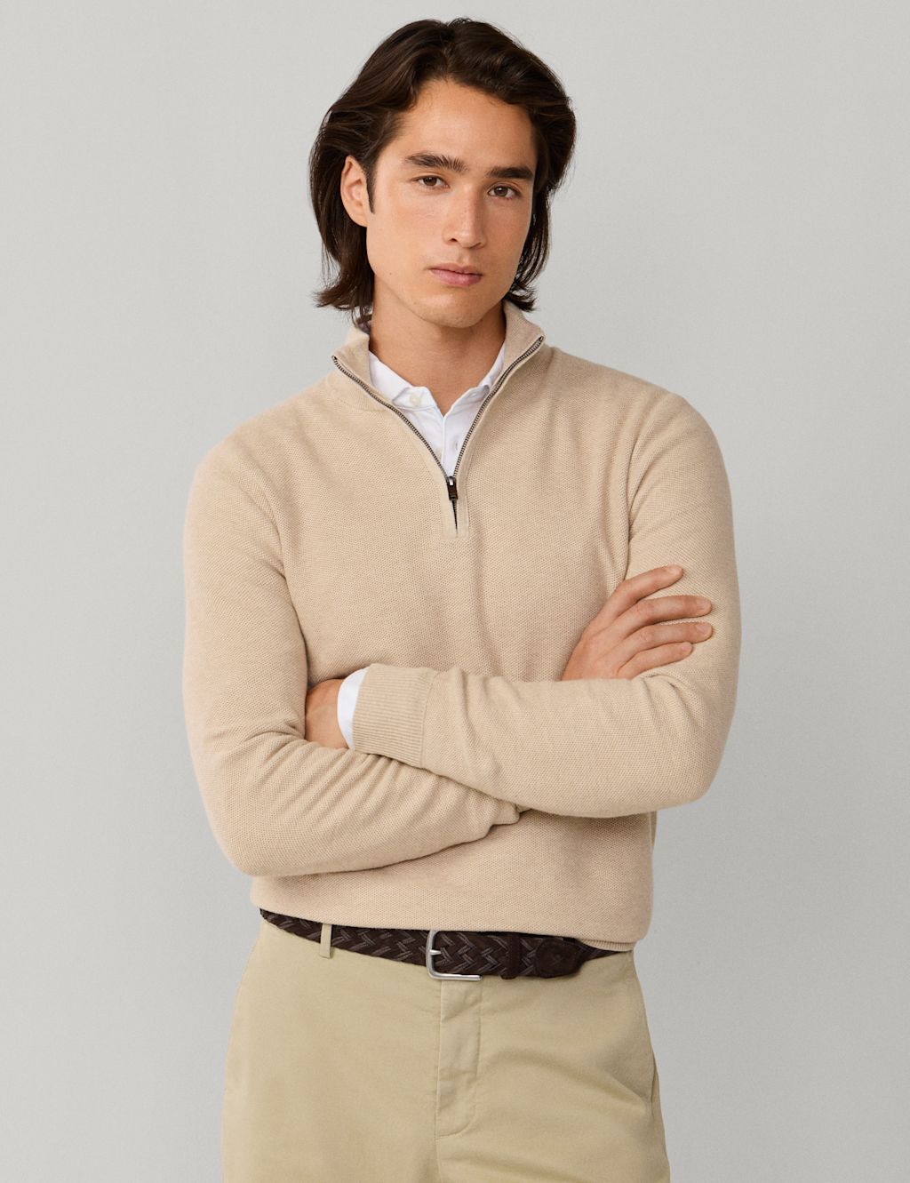 Hackett Cotton Rich Half Zip Funnel Neck Sweatshirt - 2XL - Beige, Beige