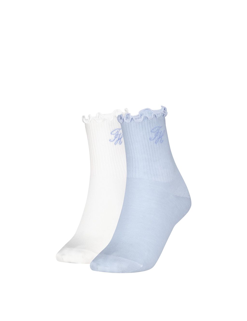 Tommy Hilfiger 2 Pack Cotton Rich Refined Monogram Ankle High Socks - 6-8 - Light Blue, Light Blue