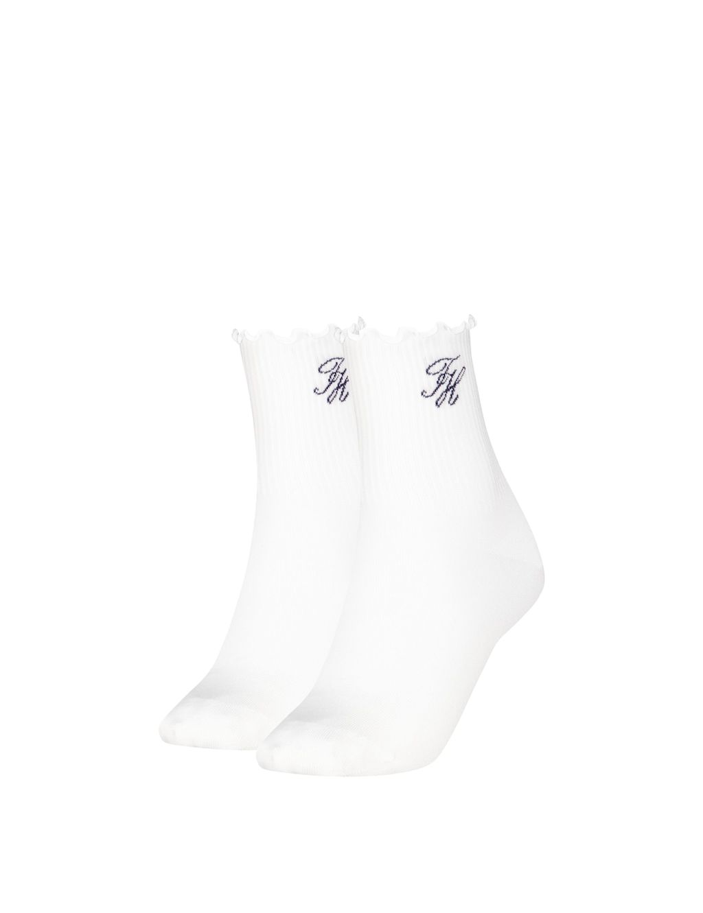 Tommy Hilfiger 2 Pack Cotton Rich Refined Monogram Ankle High Socks - 2-5 - White, White