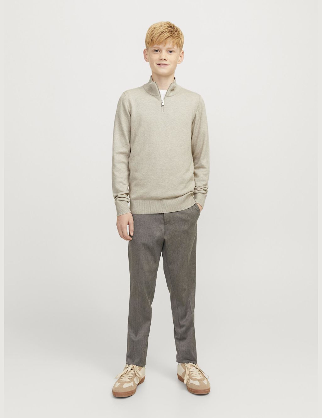 JACK & JONES JUNIOR Cotton Rich Half Zip Knitted Sweatshirt (8-16 Yrs) - 10y - Beige, Beige