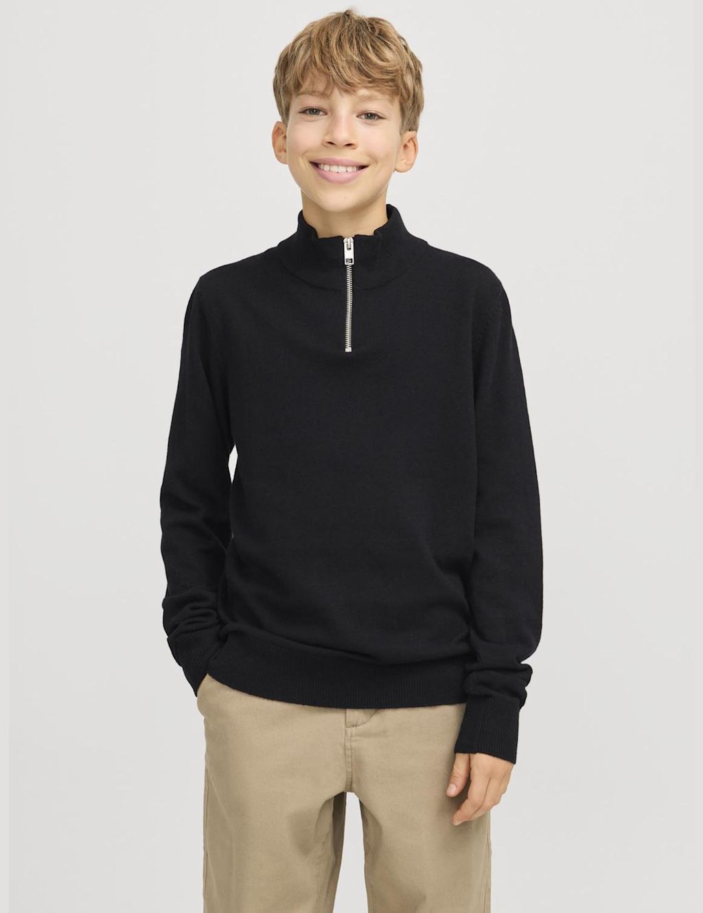 JACK & JONES JUNIOR Cotton Rich Half Zip Knitted Sweatshirt (8-16 Yrs) - 10y - Black, Black