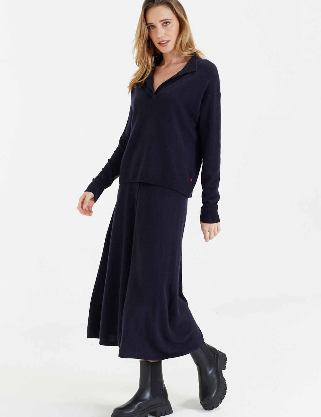 Chinti & Parker Midi A-Line Skirt with Cashmere - Extra Large - Navy, Navy