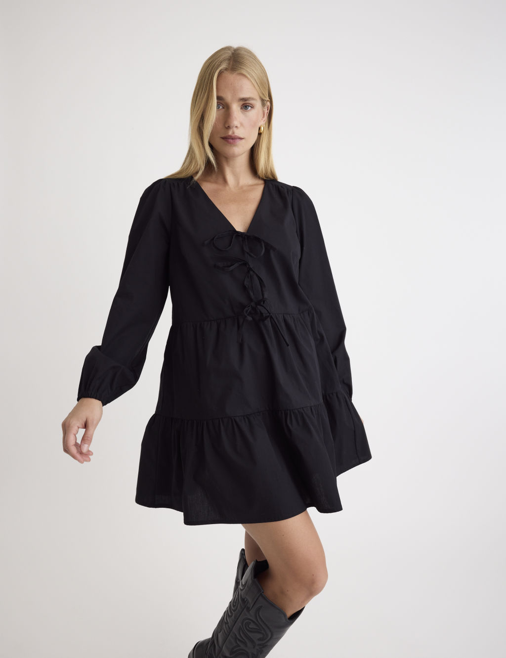 Nobody's Child Pure Cotton V-Neck Mini Shift Dress - 8 - Black, Black