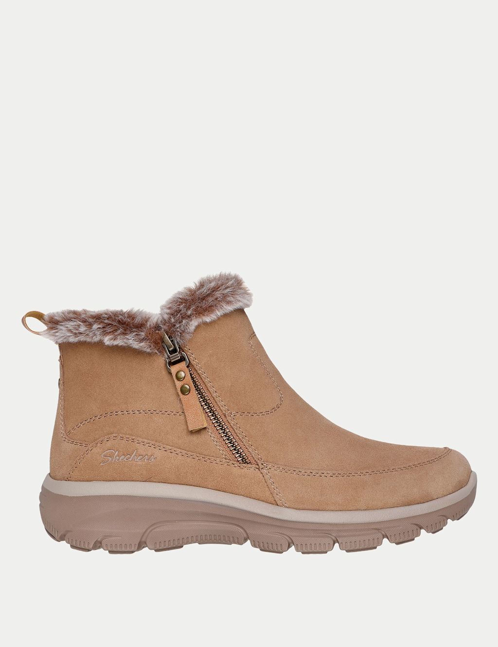 Skechers Suede Faux Fur Trim Flat Ankle Boots - 3 - Tan, Tan