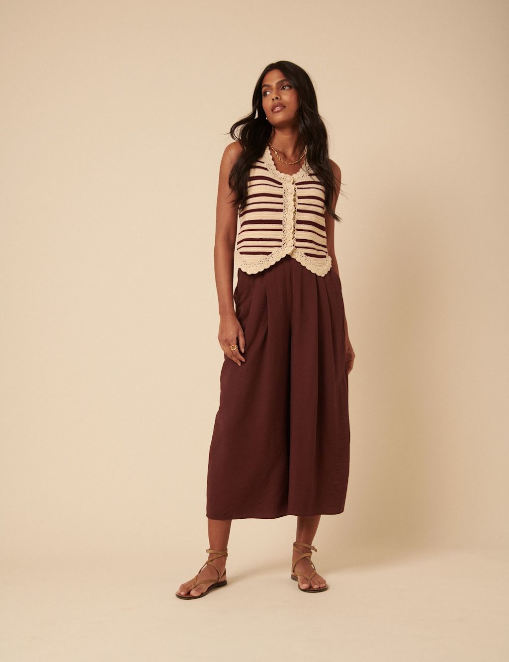 Nobody's Child Wide Leg Cropped Trousers - 14 - Brown, Brown