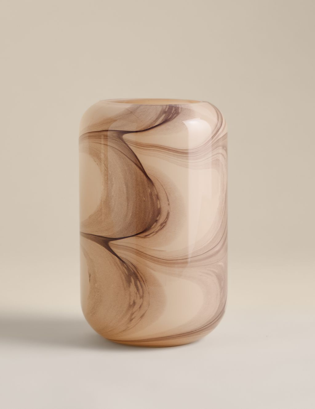 M&S Marble Effect Glass Cylinder Vase - Brown, Brown