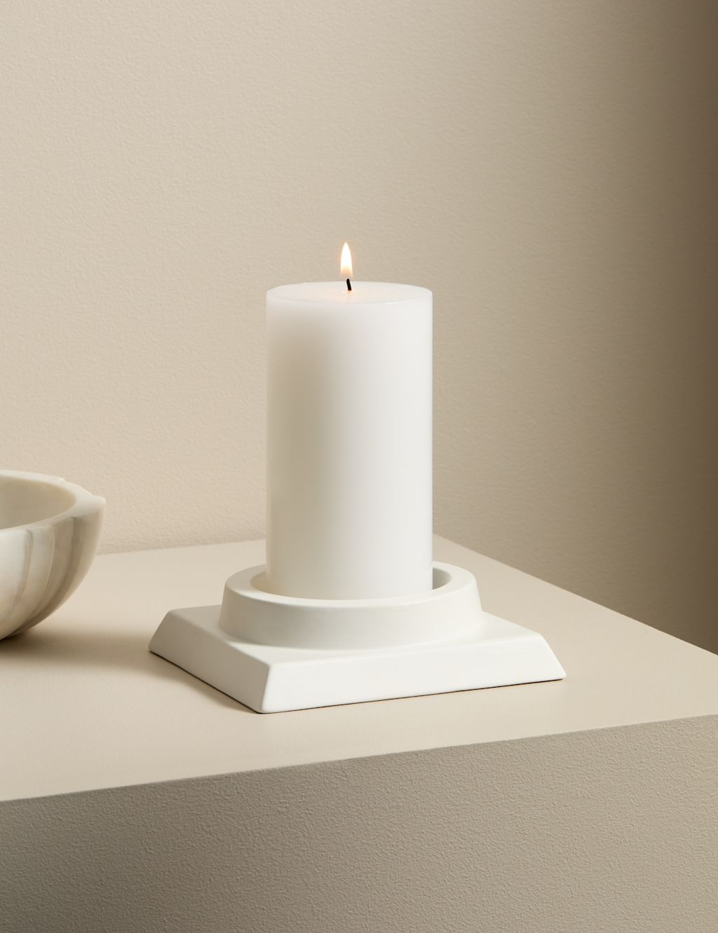 M&S X Kelly Hoppen Block Ceramic Pillar Candle Holder - White, White