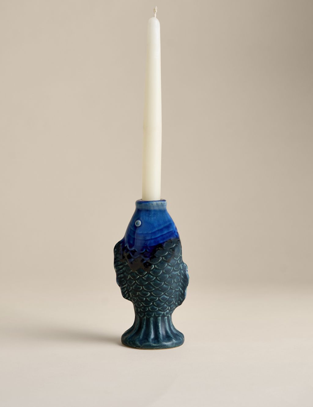 M&S Fish Ceramic Dinner Candle Holder - Blue, Blue