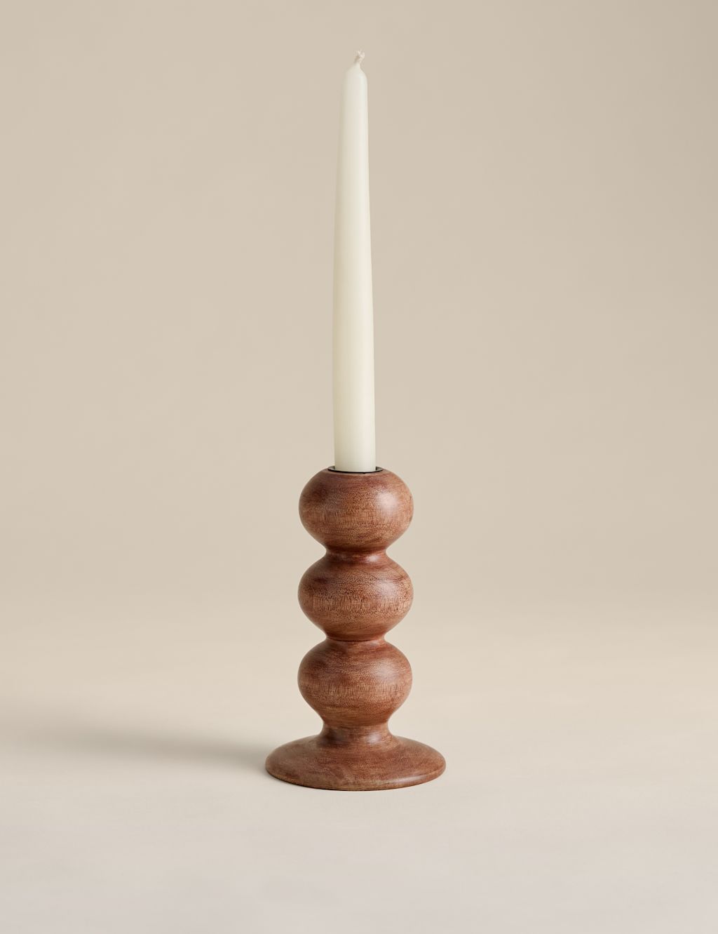 M&S Bobbin Wooden Dinner Candle Holder - Natural, Natural