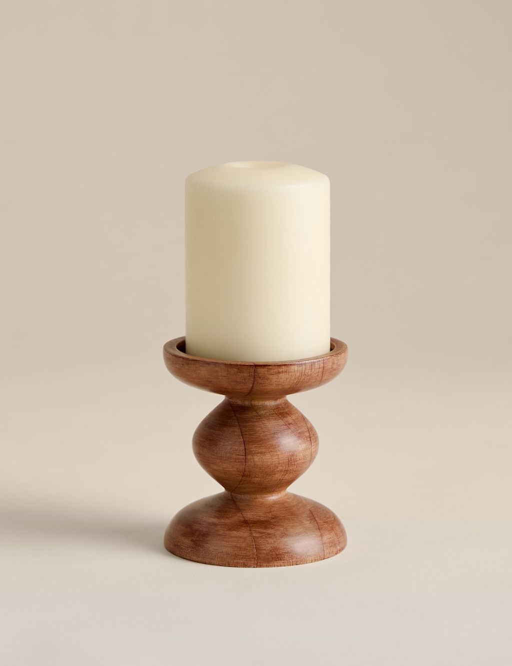 M&S Bobbin Wooden Pillar Candle Holder - Natural, Natural