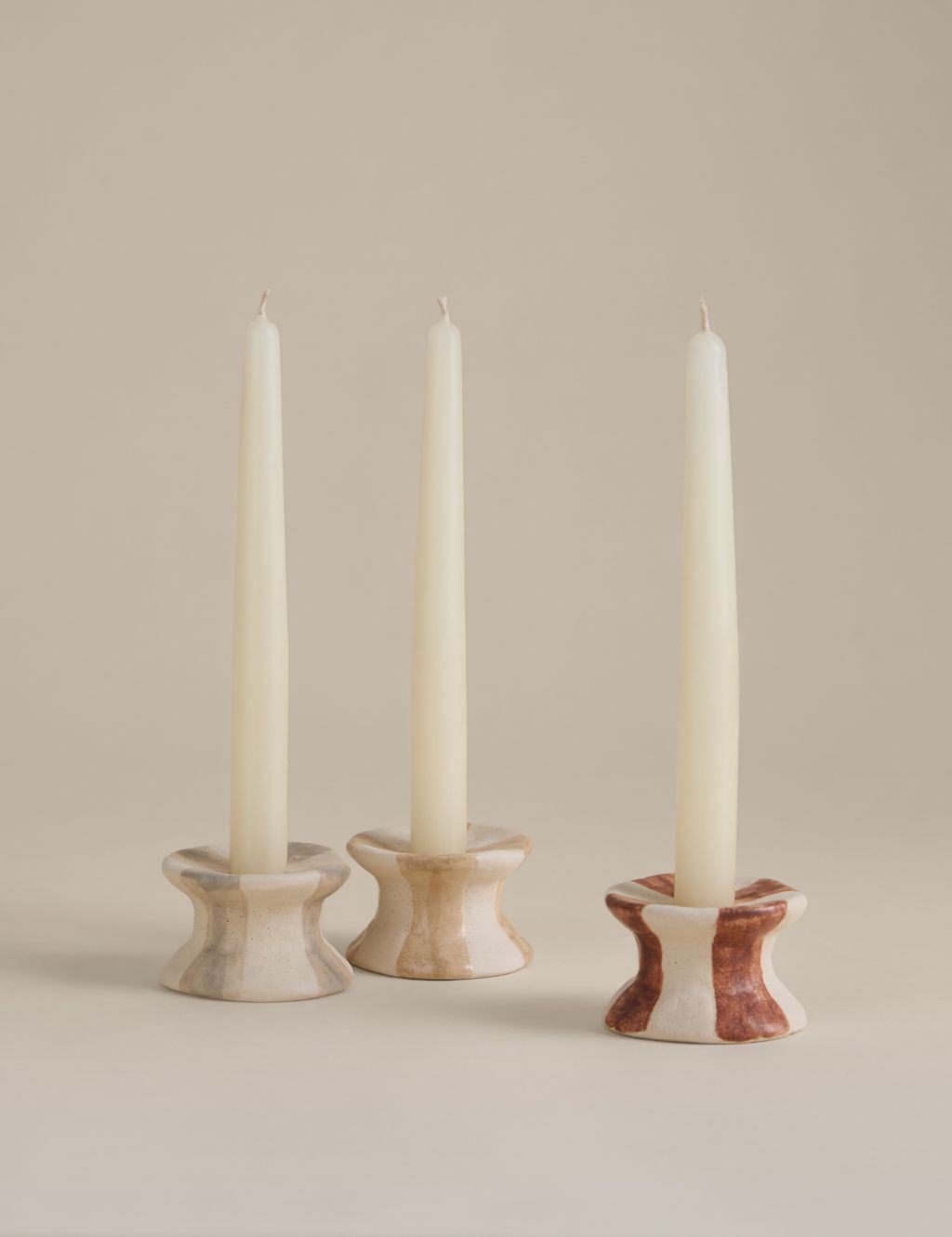 M&S 3 Pack Striped Ceramic Dinner Candle Holders - Multi, Multi