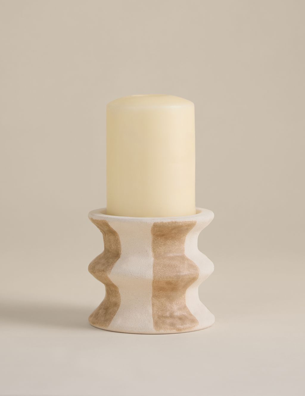 M&S Striped Ceramic Pillar Candle Holder - Neutral, Neutral