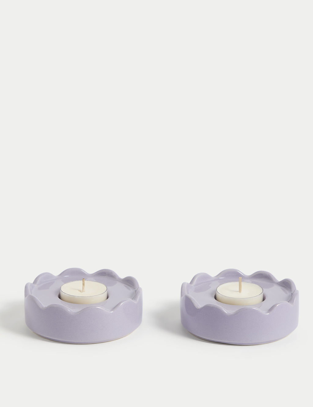 M&S Set of 2 Scalloped Ceramic Tealight Holders - 1SIZE - Lilac Shell, Lilac Shell