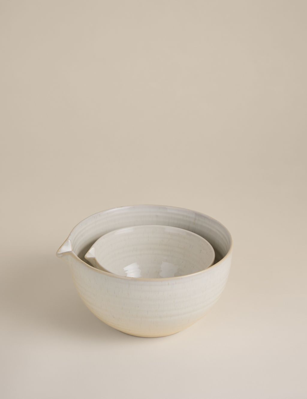 M&S Set of 2 Ceramic Ribbed Nesting Mixing Bowls - Cream, Cream