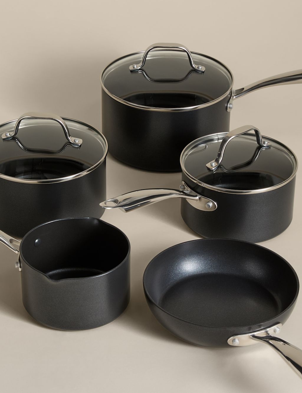 M&S 5 Piece Non-Stick Pro Pan Set - Black, Black