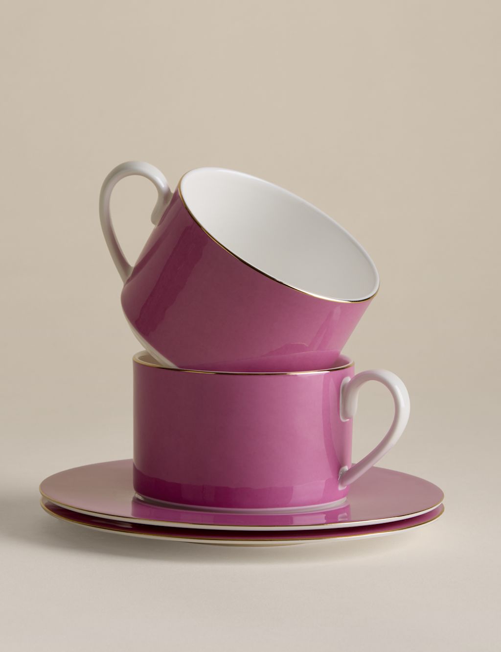 M&S Set of 2 Bone China Cups & Saucers - Bright Pink, Bright Pink