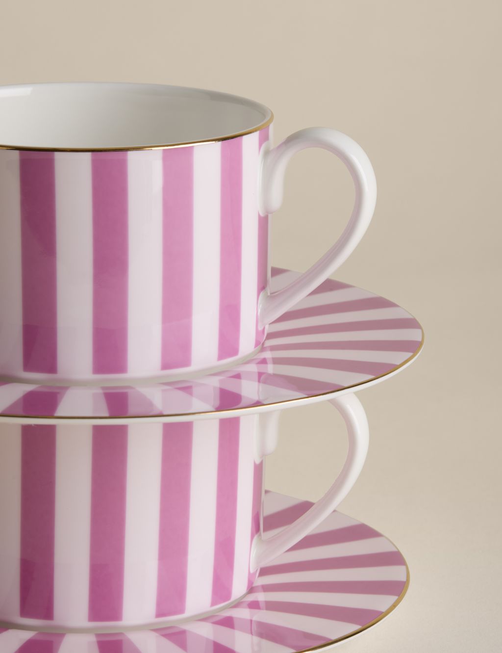 M&S 2 Pack Bone China Striped Cups & Saucers - Bright Pink, Bright Pink