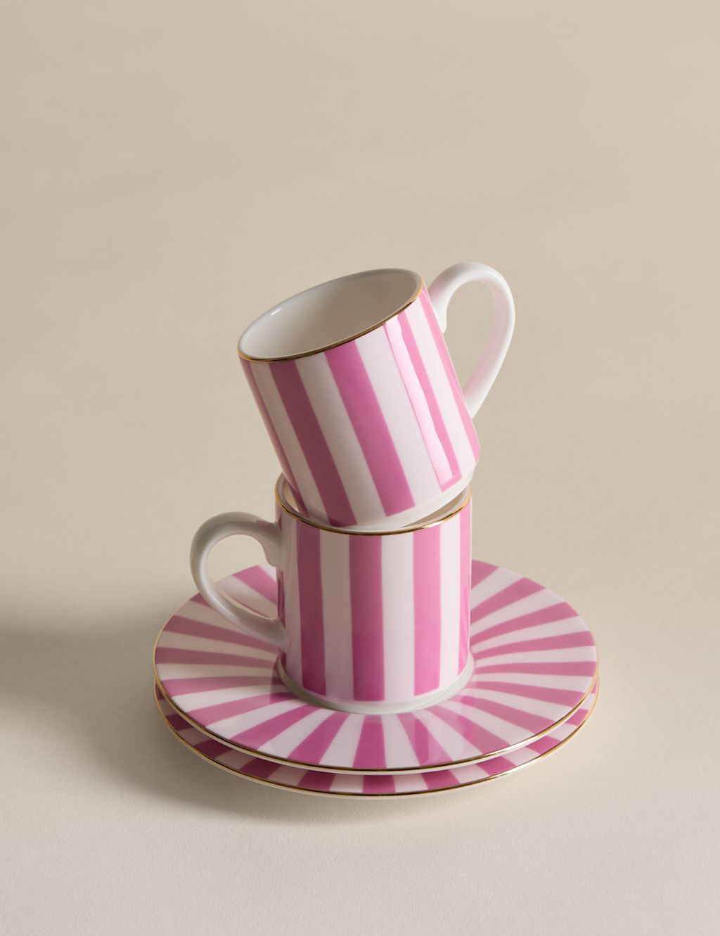 M&S 2 Pack Bone China Stripe Espresso Cup & Saucer - Bright Pink, Bright Pink