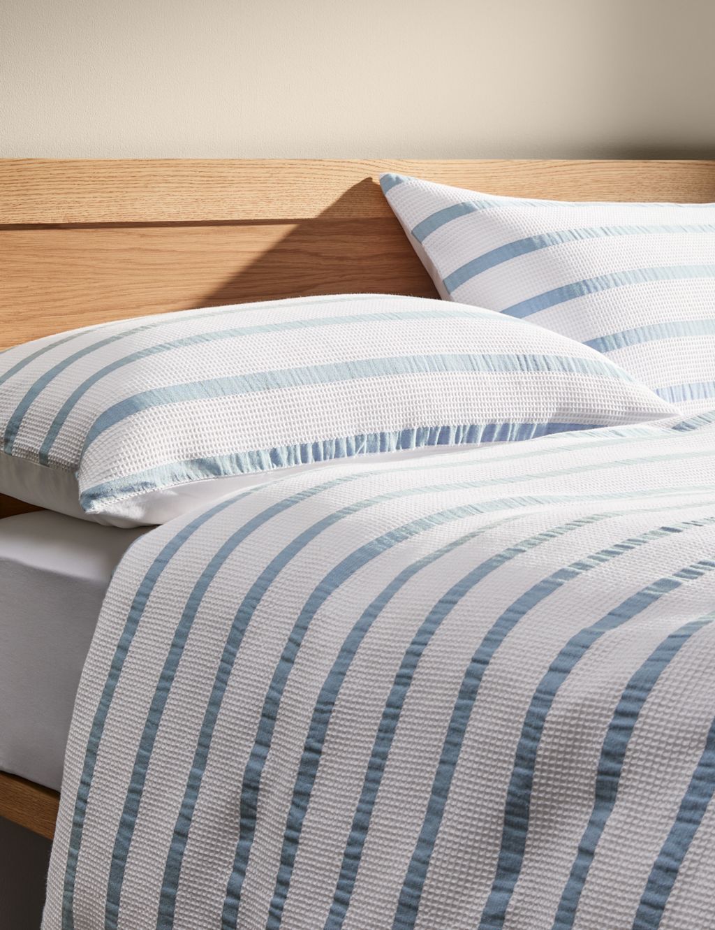 M&S Pure Cotton Contrast Striped Waffle Bedding Set - Double (4 ft 6) - Blue Mix, Blue Mix