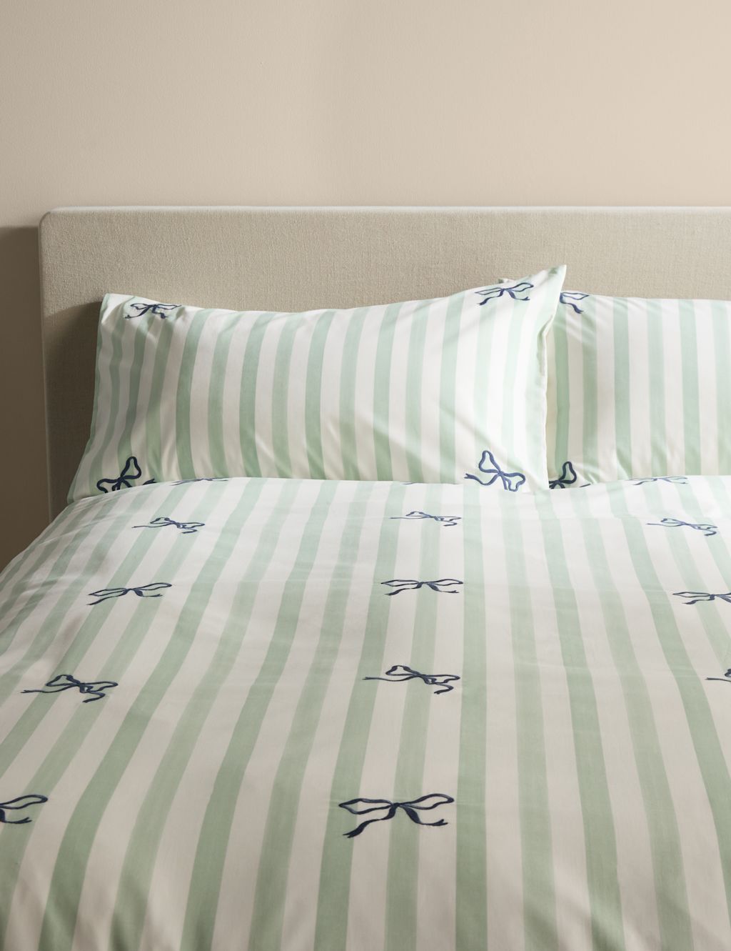 M&S Pure Cotton Embroidered Bow Striped Bedding Set - Super King Size (6 ft) - Green Mix, Green Mix
