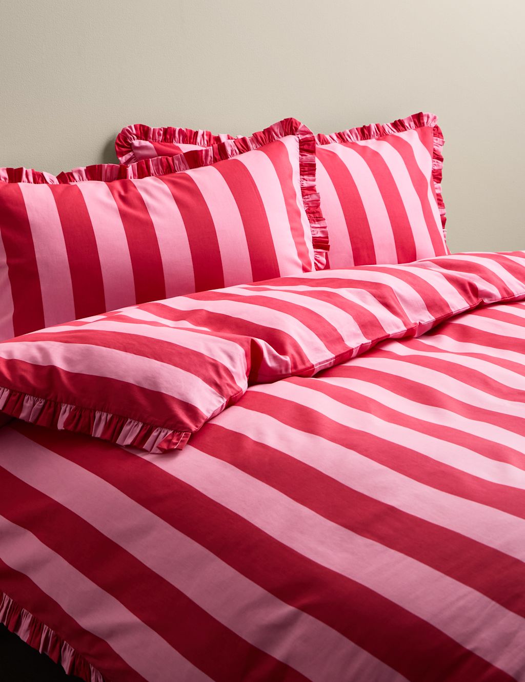 M&S Pure Cotton Striped Ruffle Bedding Set - Super King Size (6 ft) - Pink Mix, Pink Mix