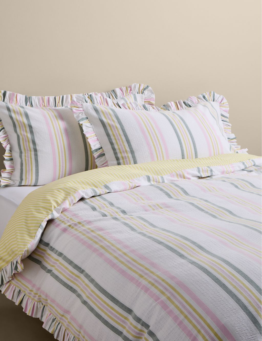 M&S Pure Cotton Contrast Stripe Bedding Set - King Size (5 ft) - Green Mix, Green Mix