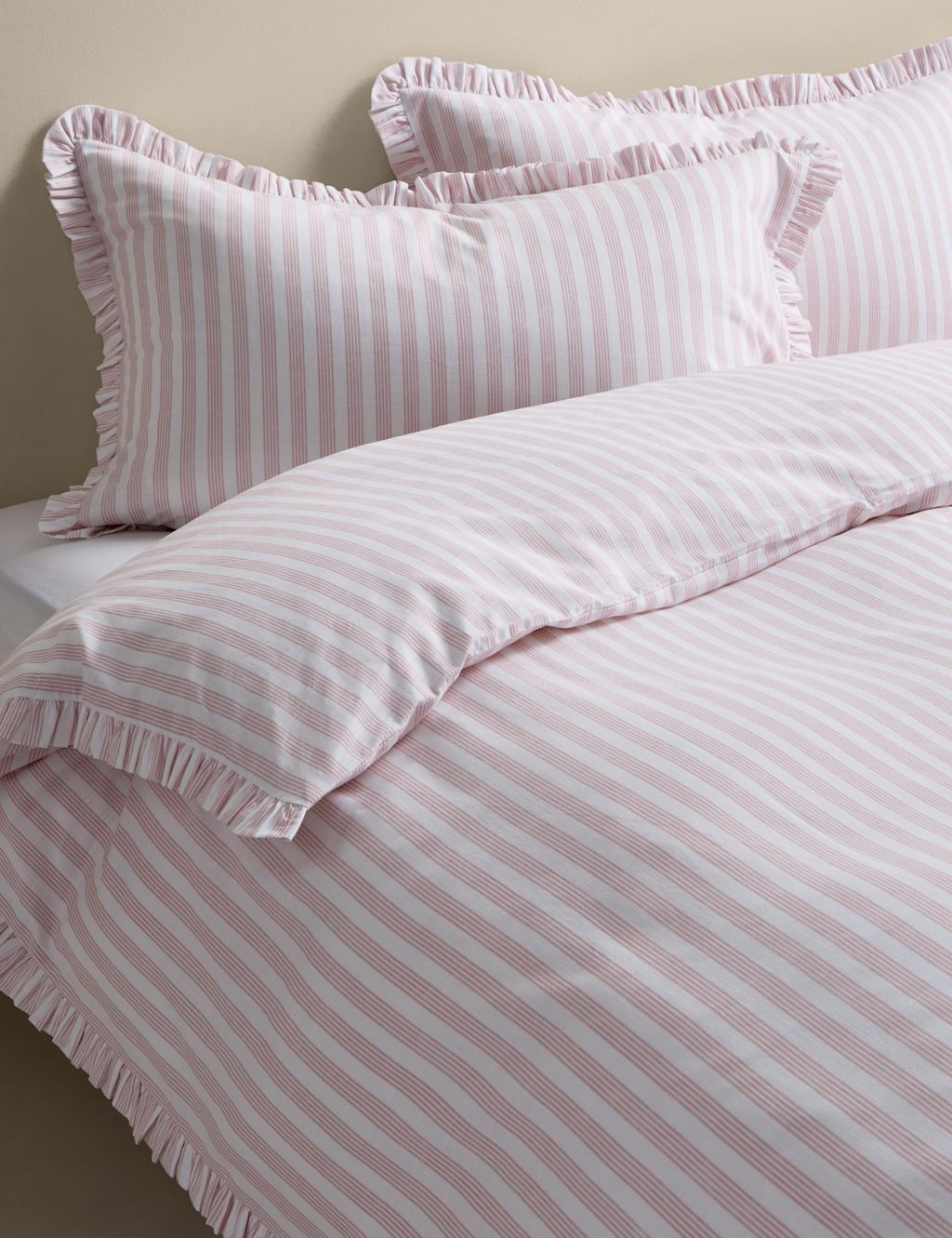 M&S Pure Cotton Narrow Stripe Ruffle Bedding Set - Super King Size (6 ft) - Pink Mix, Pink Mix