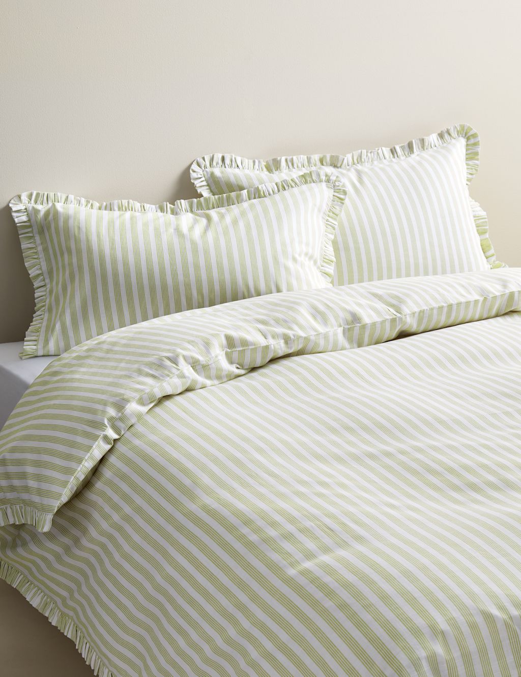 M&S Pure Cotton Narrow Stripe Ruffle Bedding Set - Super King Size (6 ft) - Green Mix, Green Mix