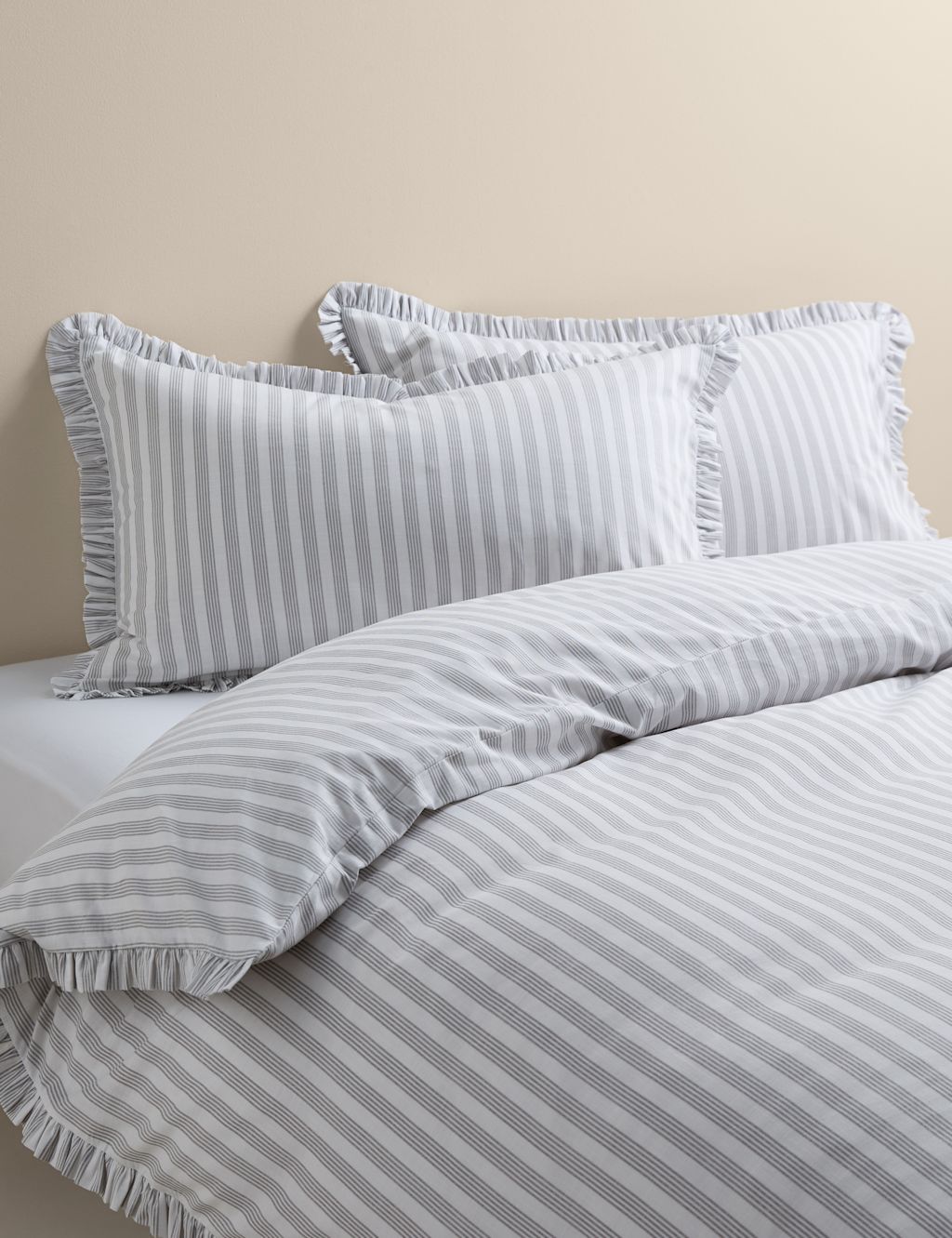 M&S Pure Cotton Narrow Stripe Ruffle Bedding Set - Super King Size (6 ft) - Grey Mix, Grey Mix