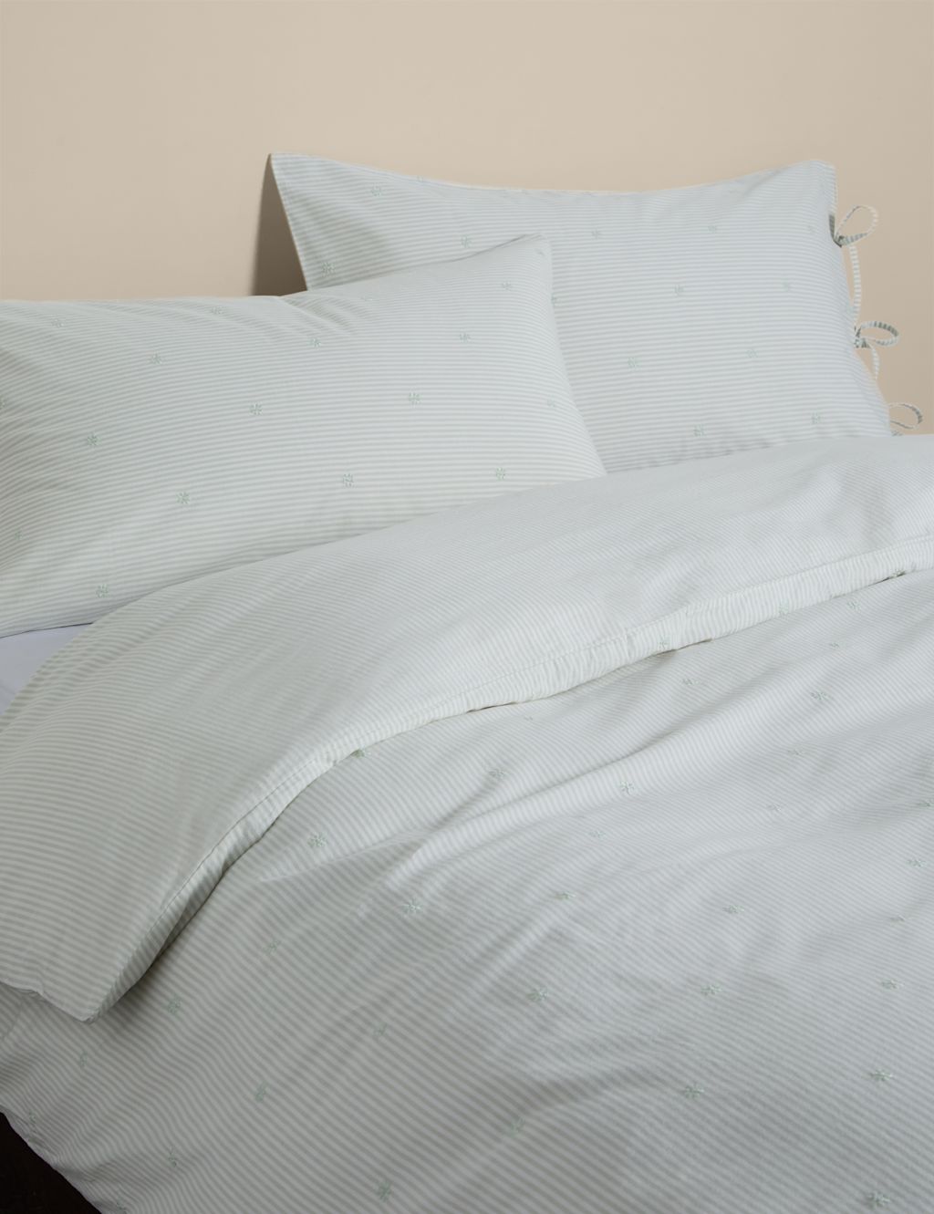 M&S Pure Cotton Striped Embroidered Bedding Set - Super King Size (6 ft) - Sage, Sage