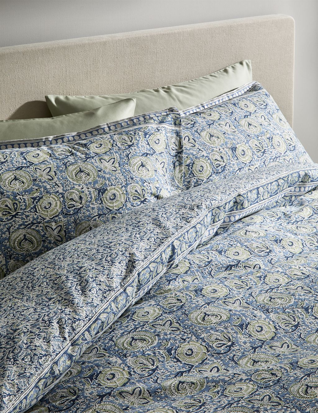 M&S Pure Cotton Floral Woodblock Bedding Set - Super King Size (6 ft) - Blue Mix, Blue Mix