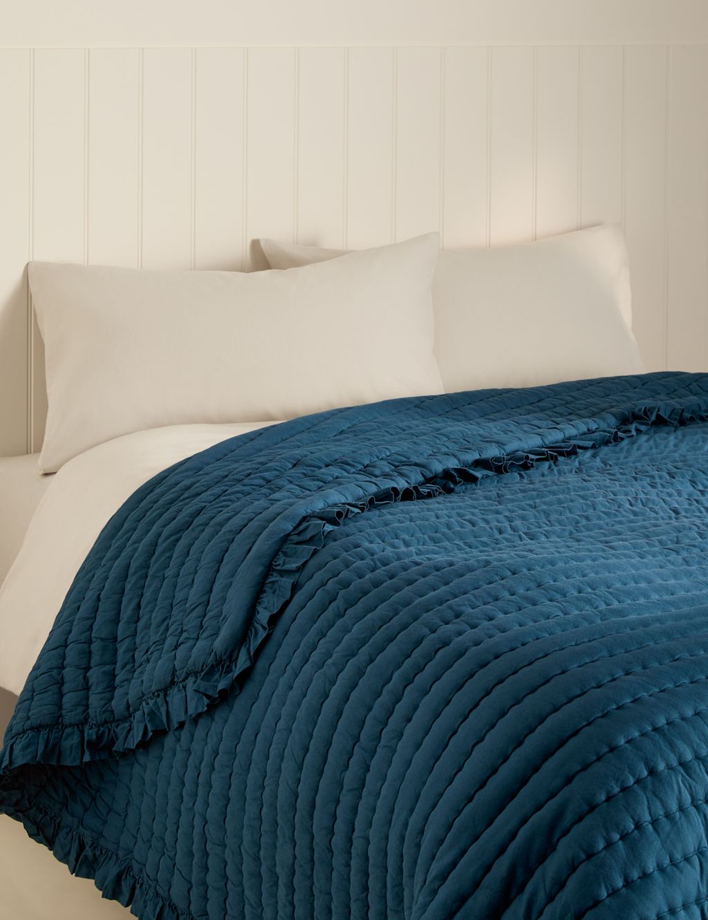 M&S Washed Cotton Quilted Ruffle Bedspread - Medium - Single - Teal, Teal