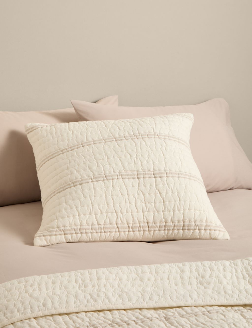 M&S Pure Cotton Striped Cushion - White, White