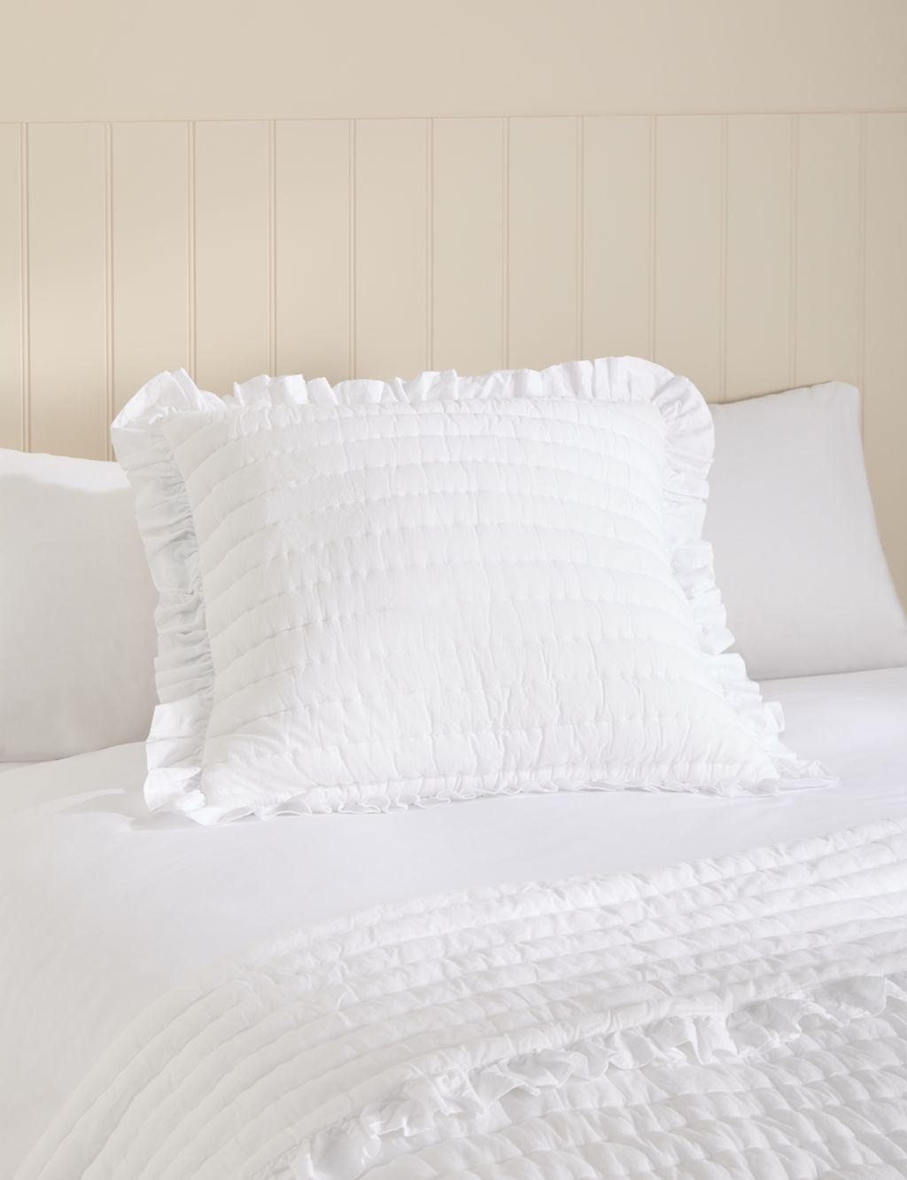 M&S Pure Cotton Textured Ruffle Trim Cushion - White, White