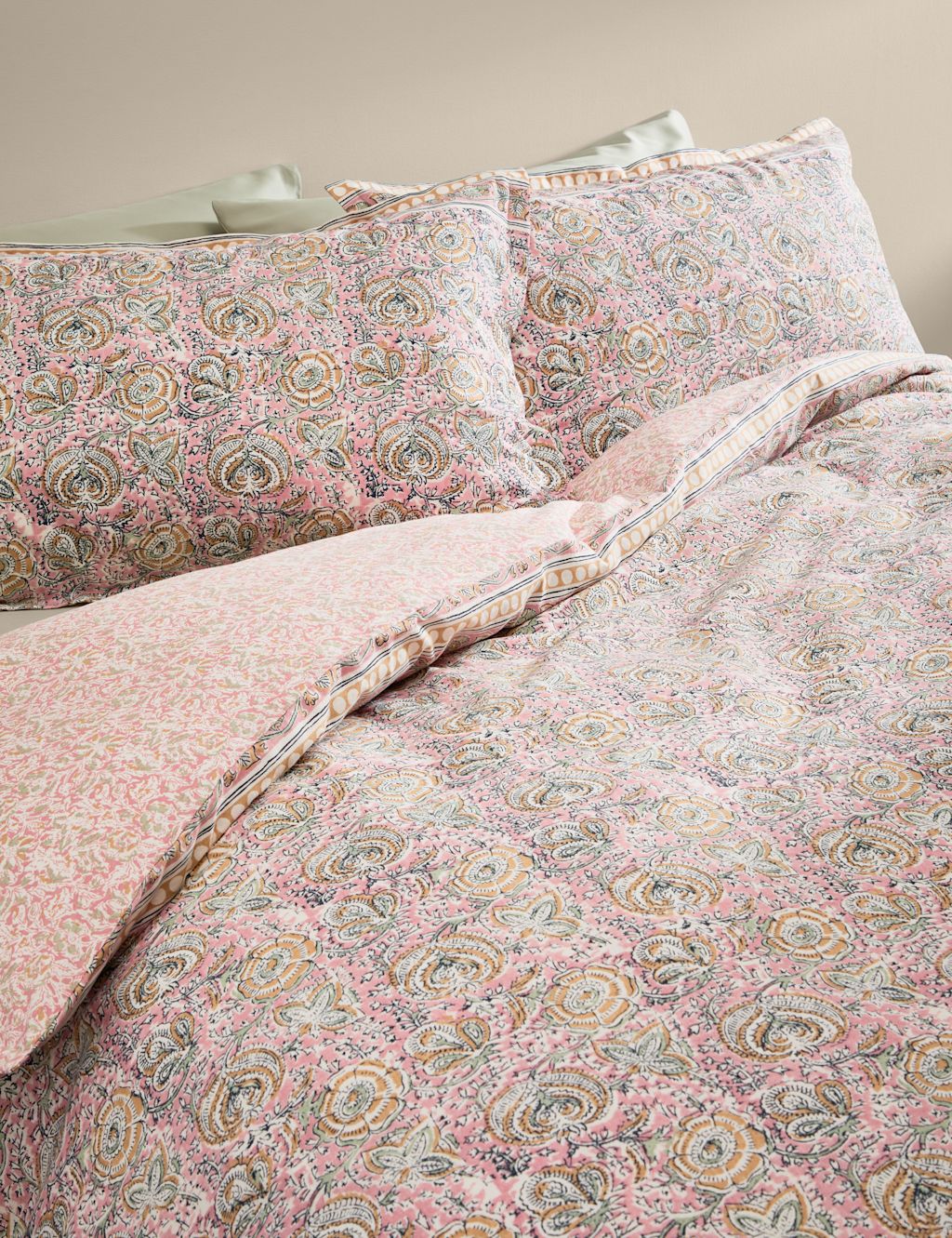 M&S Pure Cotton Woodblock Floral Bedding Set - Super King Size (6 ft) - Pink Mix, Pink Mix