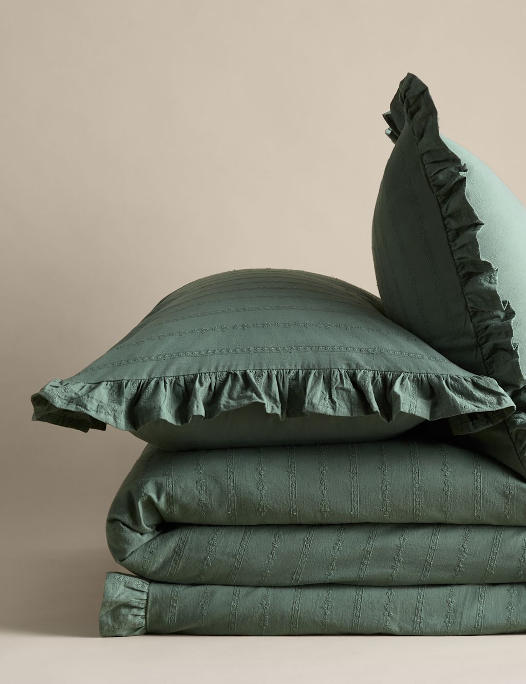 M&S Pure Cotton French Ruffle Embroidery Bedding Set - Double (4 ft 6) - Green, Green