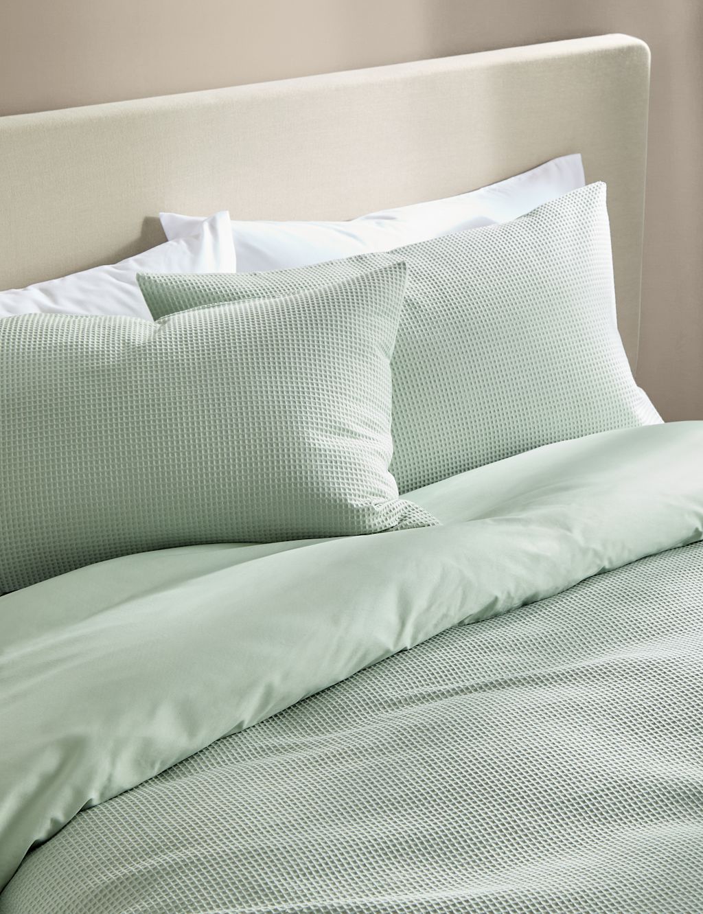 M&S Pure Cotton Waffle Bedding Set - Super King Size (6 ft) - Green, Green