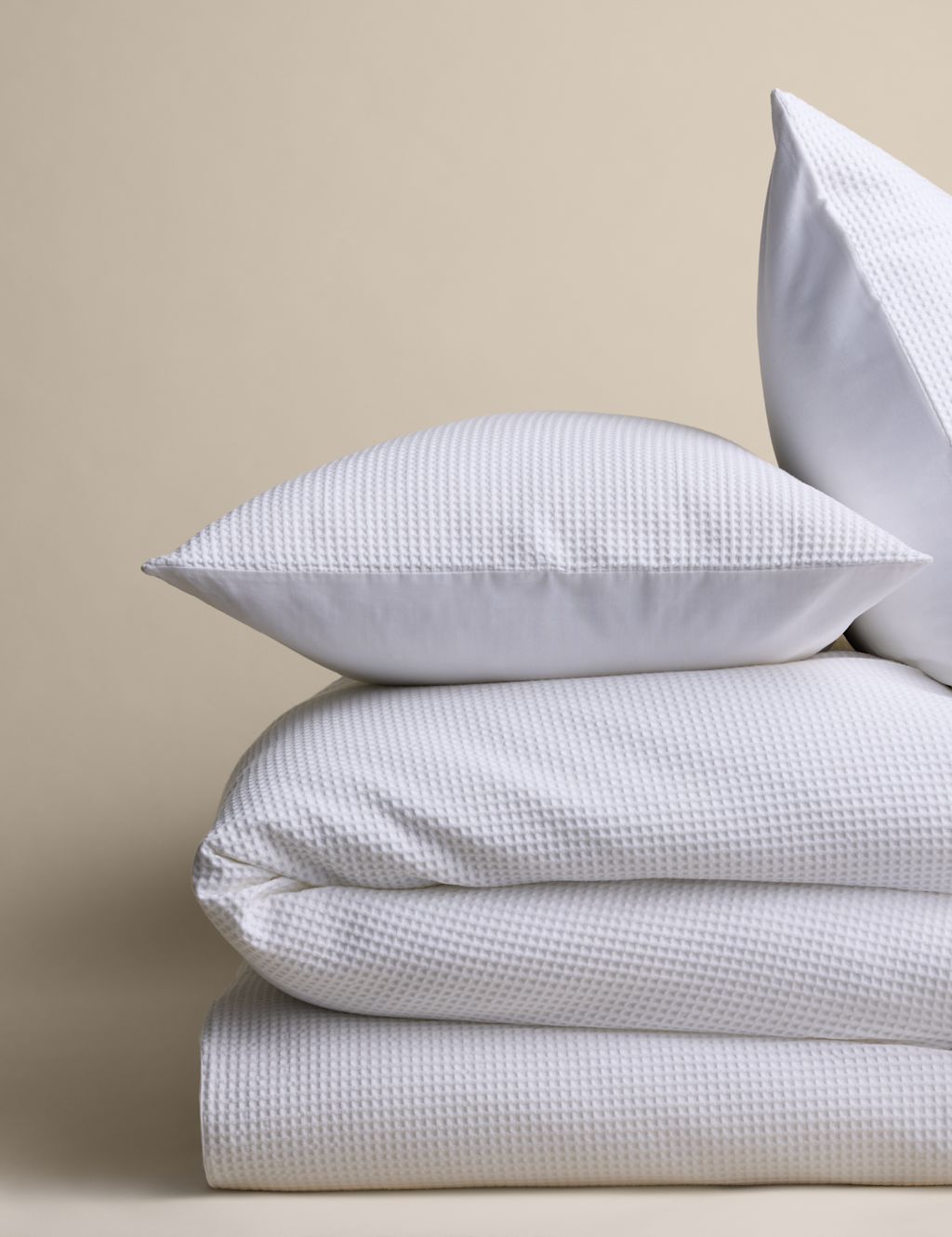 M&S Pure Cotton Waffle Bedding Set - King Size (5 ft) - White, White