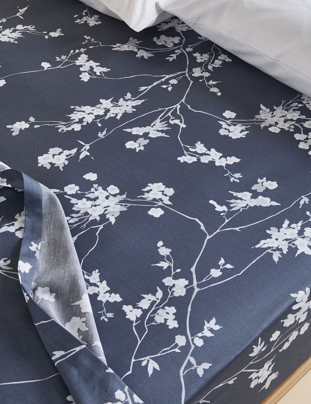 M&S Pure Cotton Sateen Cherry Blossom Deep Fitted Sheet - 5FT - Blue Mix, Blue Mix
