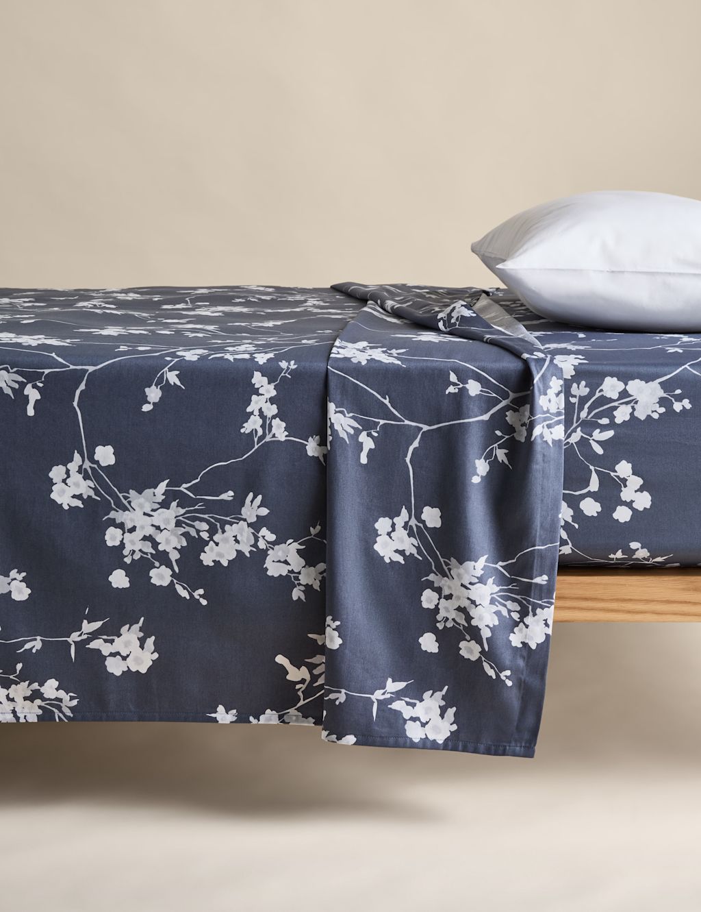 M&S Pure Cotton Sateen Cherry Blossom Flat Sheet - SGL - Blue Mix, Blue Mix